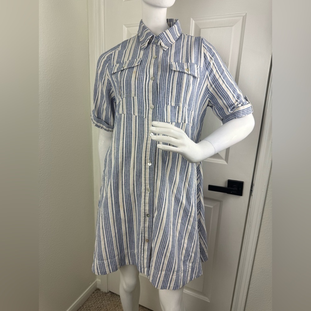Heroes & Dreamers Blue/White/Taupe Stripe Linen Blend Shirt Dress Sz M. A1